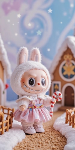 Labubu Blythe Amidst Enchanting Gingerbread House Village Scene