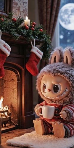 Labubu Blythe Cozy by Fireplace on Christmas Eve Night
