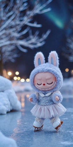 Labubu Blythe Ice Skating Gracefully on Frozen Festive Lake