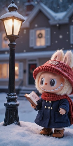 Labubu Blythe Singing Carols Under Snowy Victorian Lamppost
