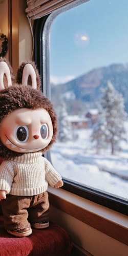 Labubu Blythe Watching Snowy Scenery from Festive Train Window