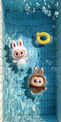 Labubu-White-Rabbit-And-Friend-In-Pool,Labubu-Phone-Wallpaper.jpg